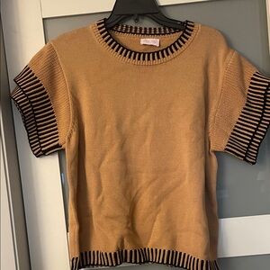 Tan and Black Striped Short Sleeve Sweater